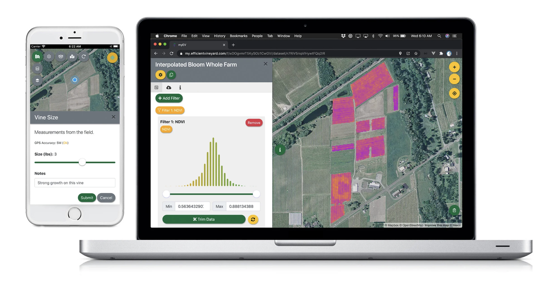 every.farm screenshot showing block-level NDVI analysis with mobile field capture